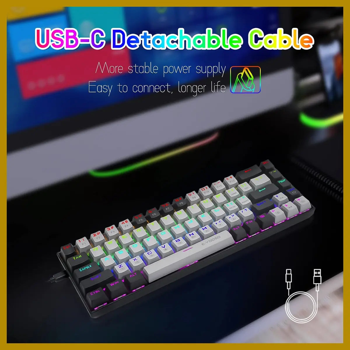 E-YOOSO Z-686 Portable 65% Mechanical Gaming Keyboard, 68 Keys Mini Wired, Per-Key RGB Backlit, Red Switch, Anti-Ghosting N-Key Rollover, Grey and Black