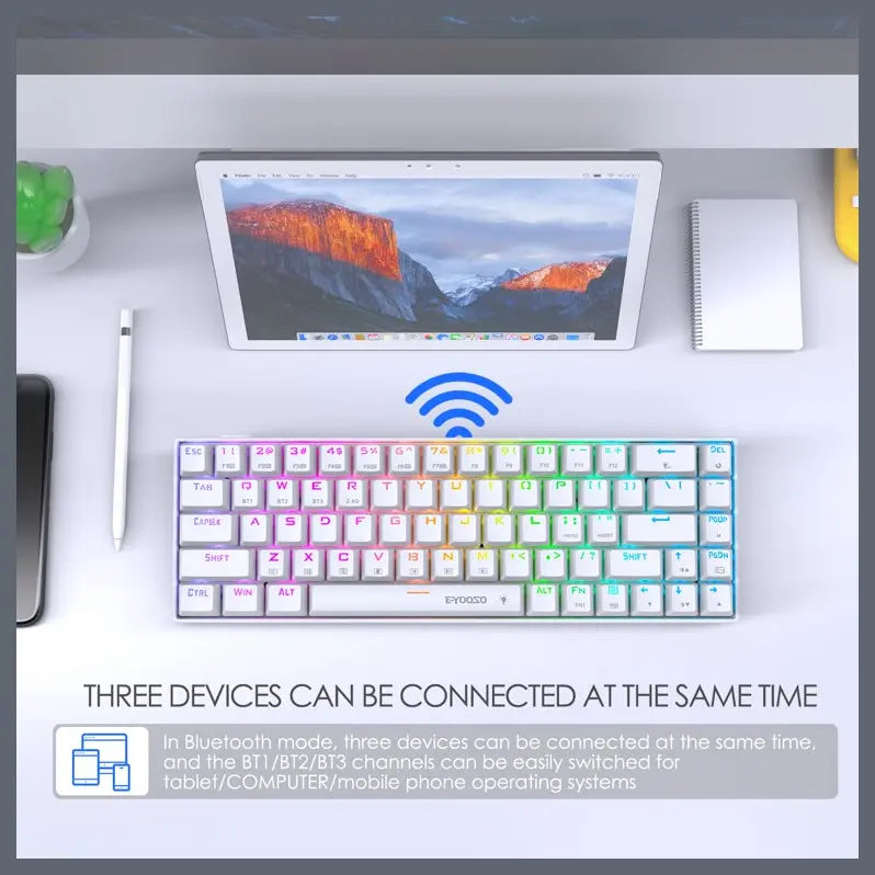 E-Yooso Z686 Tri-Mode Wireless Gaming Keyboard, 68 Keys, Bluetooth 3.0/5.0 And 2.4GHz And USB Type-C Wired, Hot-Swappable Red Switches, RGB Backlight, White