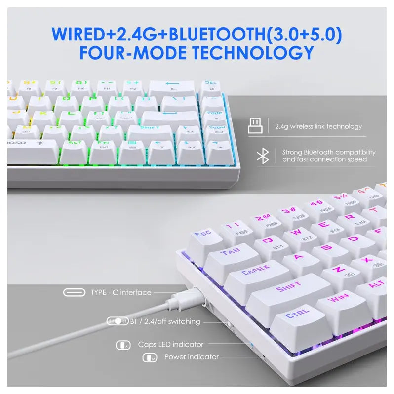 E-Yooso Z686 Tri-Mode Wireless Gaming Keyboard, 68 Keys, Bluetooth 3.0/5.0 And 2.4GHz And USB Type-C Wired, Hot-Swappable Red Switches, RGB Backlight, White
