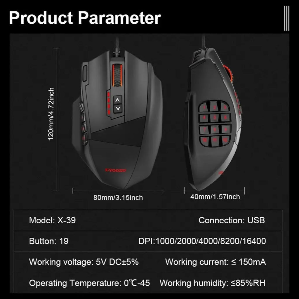 E-YOOSO X-39 Pro Gaming Mouse, 16400 DPI PAW3327 Sensor, RGB Lighting, 19 Programmable Buttons