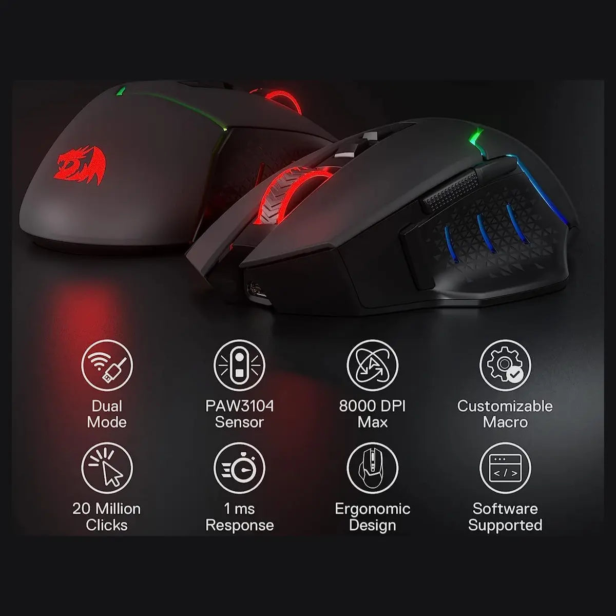 Redragon Mirage Pro M690-PRO Wireless Gaming Mouse, 8000 DPI, Wired and Wireless Dual Mode, 8 Programmable Buttons With Rapid Fire Key, PAW3104 Optical Pixart Sensor, 1000Hz Polling Rate