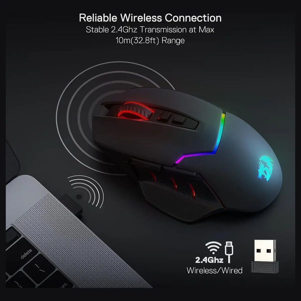 Redragon Mirage Pro M690-PRO Wireless Gaming Mouse, 8000 DPI, Wired and Wireless Dual Mode, 8 Programmable Buttons With Rapid Fire Key, PAW3104 Optical Pixart Sensor, 1000Hz Polling Rate