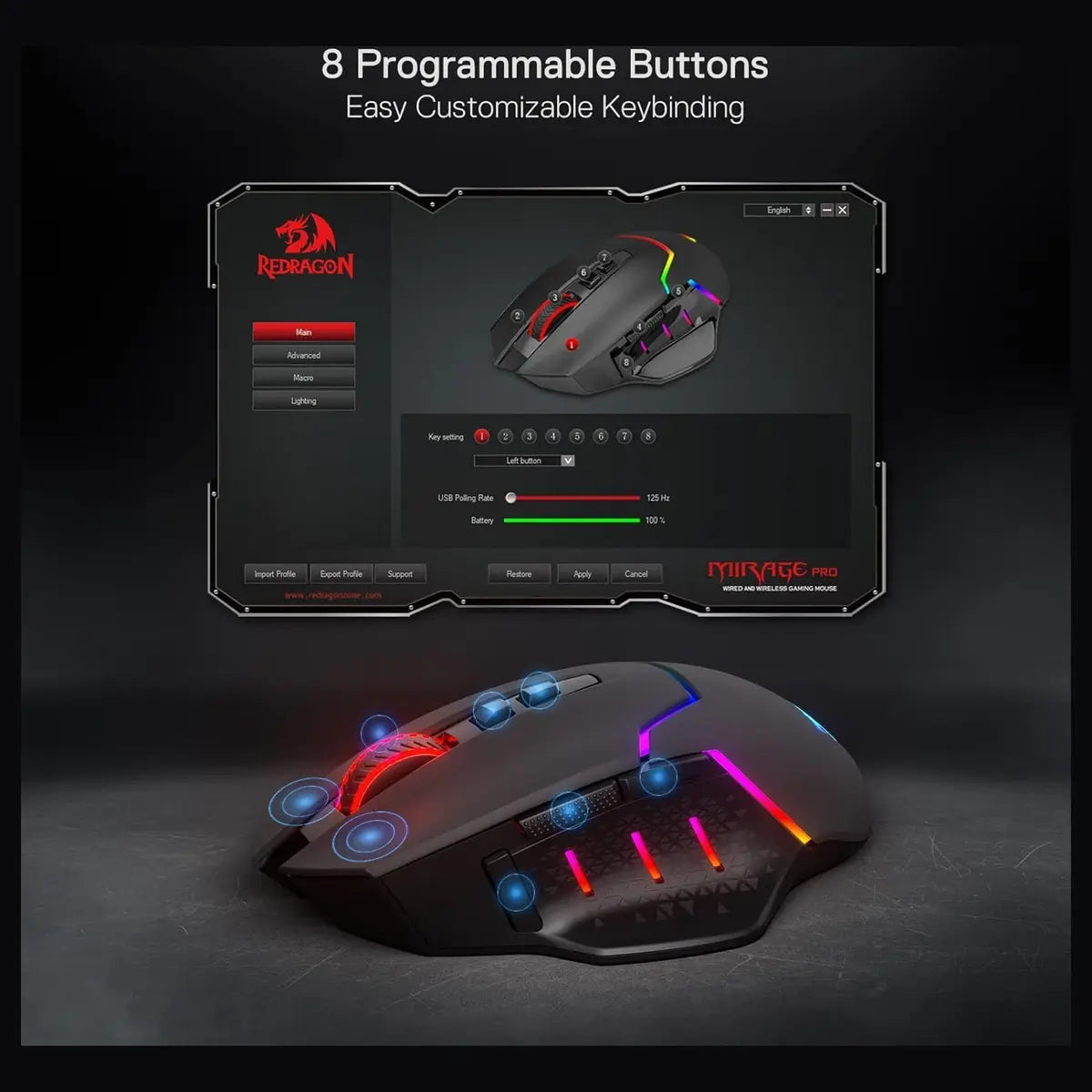 Redragon Mirage Pro M690-PRO Wireless Gaming Mouse, 8000 DPI, Wired and Wireless Dual Mode, 8 Programmable Buttons With Rapid Fire Key, PAW3104 Optical Pixart Sensor, 1000Hz Polling Rate