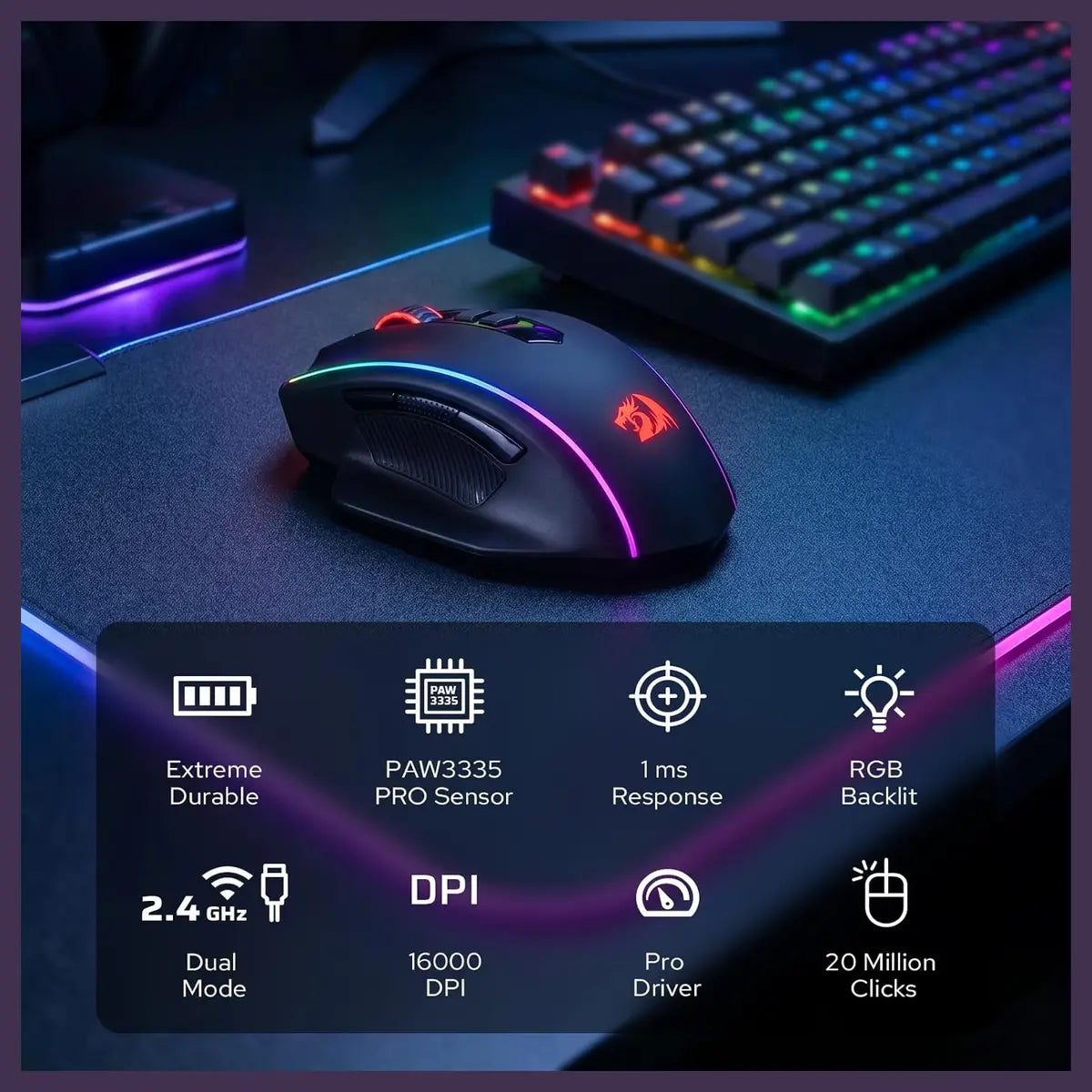 Redragon M686 Vampire Elite Wireless Gaming Mouse, 16000 DPI, Wired and Wireless Dual Mode, PAW3335 Optical Pixart Sensor, 1000Hz Polling Rate, 8 Programmable Keys, RGB Backlight