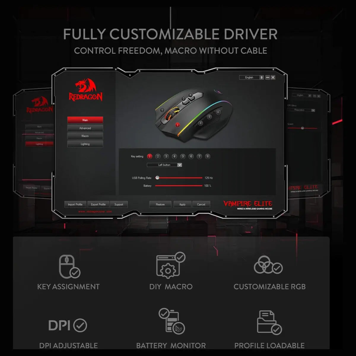 Redragon M686 Vampire Elite Wireless Gaming Mouse, 16000 DPI, Wired and Wireless Dual Mode, PAW3335 Optical Pixart Sensor, 1000Hz Polling Rate, 8 Programmable Keys, RGB Backlight
