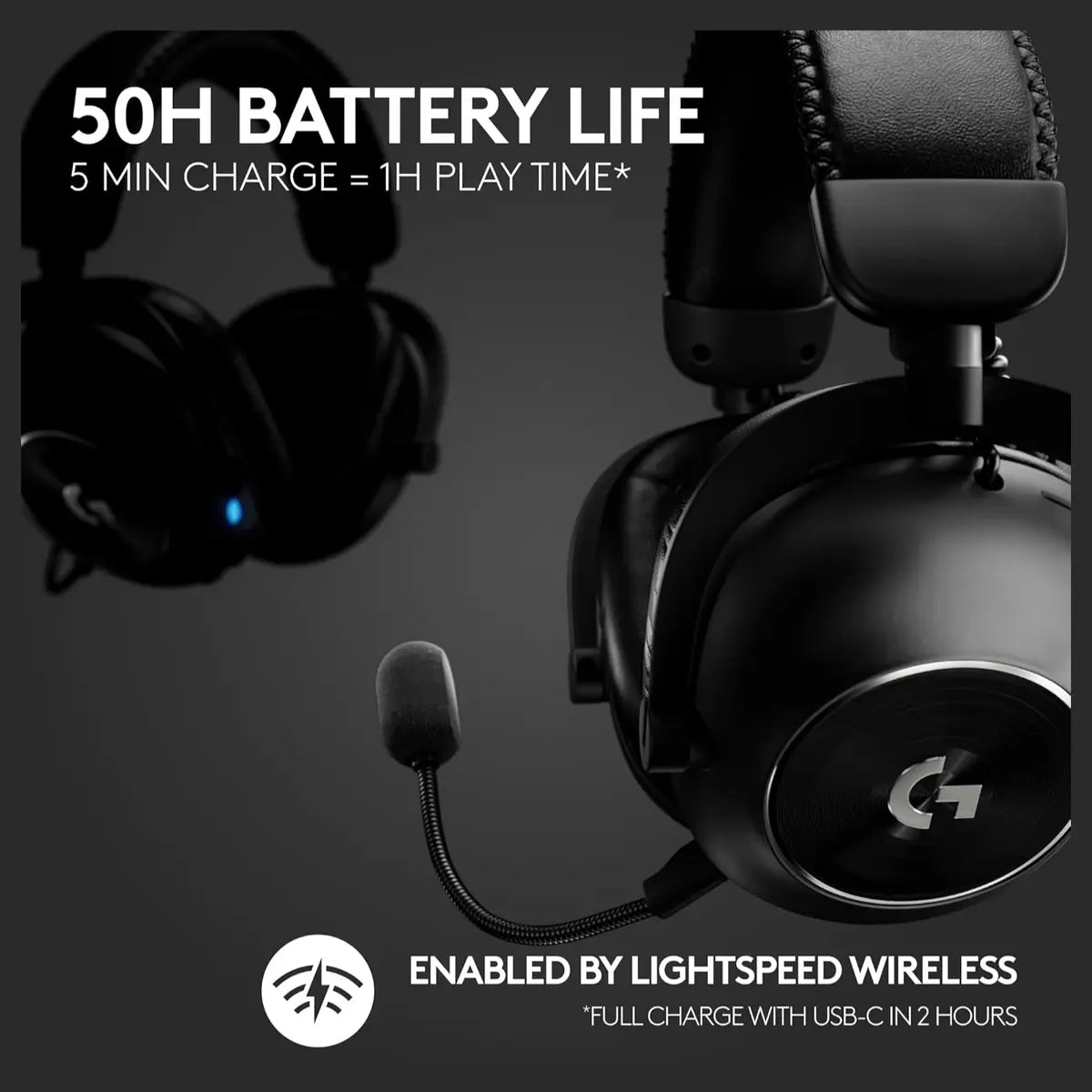 Logitech Pro X 2 Lightspeed Wireless Gaming Headset, 50mm Graphene Drivers, Blue VO!CE 6mm Detachable Boom Mic, 50-Hour Battery, 30m Wireless Range, Black