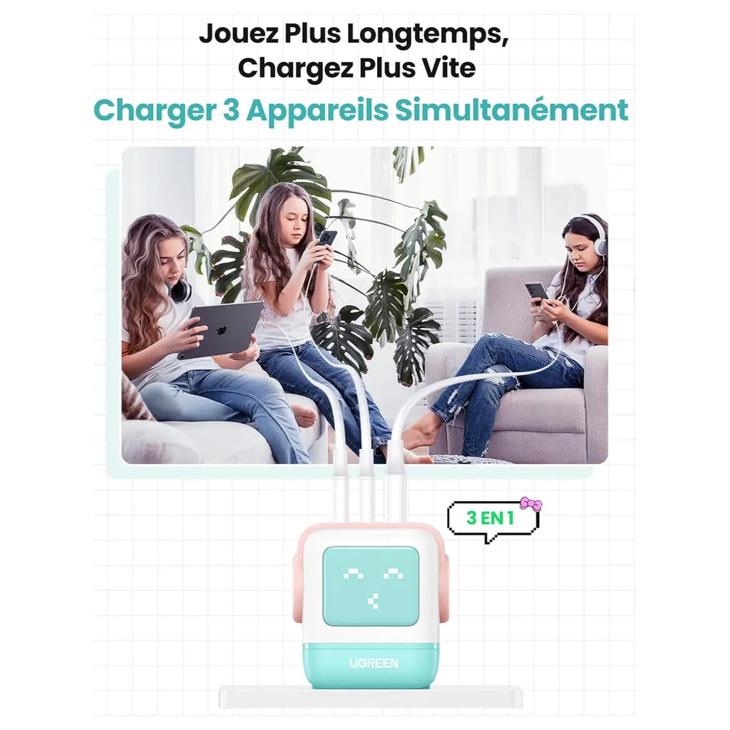 UGREEN Uno 65W 3 Ports USB C Charger GaNFast Cute Robot Shape, 2 USB-C and 1 USB-A, LED Emoticon Display, Pink Blue, 35855