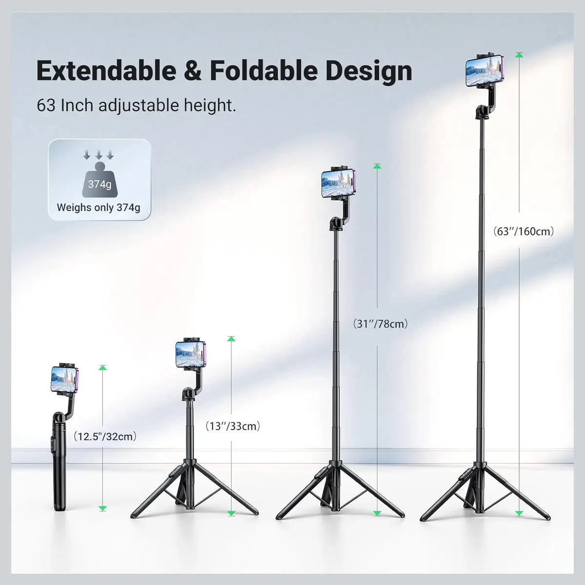 UGREEN Selfie Stick Tripod Stand with Bluetooth Remote, 12.5" to 63" Extendable, 360 Degree Rotating Clamp, Aluminum Alloy and ABS 15062