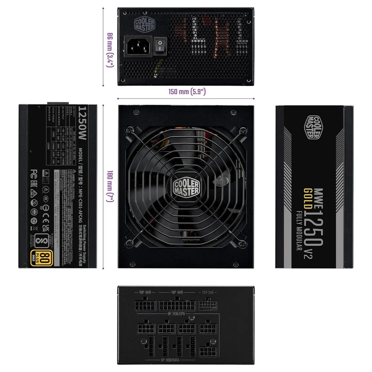 Cooler Master MWE Gold 1250 V2 ATX 3.1 Fully Modular Power Supply, 80 Plus Gold 1250W, PCIe 5.1 12VHPWR 90 Degree Connector, 140mm FDB Fan, MPE-C501-AFCAG-3EEU