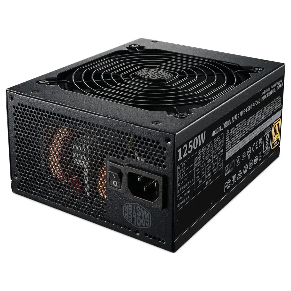 Cooler Master MWE Gold 1250 V2 ATX 3.1 Fully Modular Power Supply, 80 Plus Gold 1250W, PCIe 5.1 12VHPWR 90 Degree Connector, 140mm FDB Fan, MPE-C501-AFCAG-3EEU
