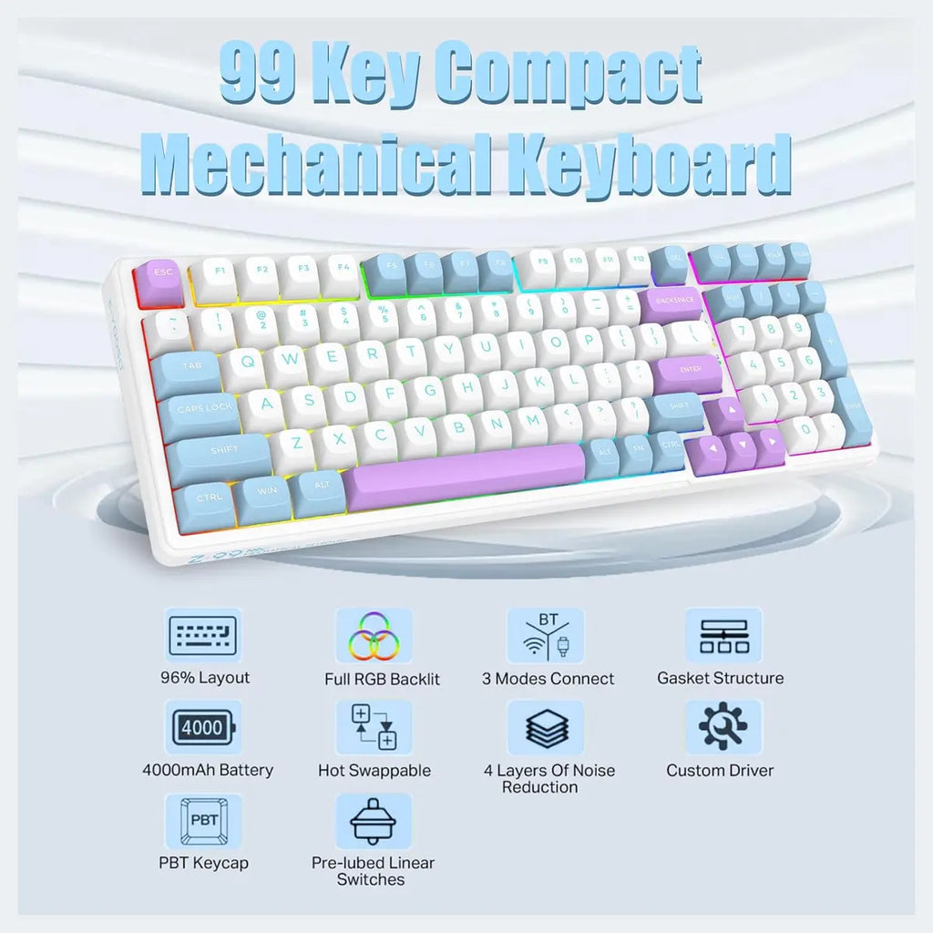E-YOOSO Z-99 Wireless Bluetooth Mechanical Keyboard, 99 Keys, Tri-Mode Bluetooth 5.0 2.4GHz And USB Wired, Hot-Swappable, Gasket Structure With Sound Dampening Foam, RGB Backlit