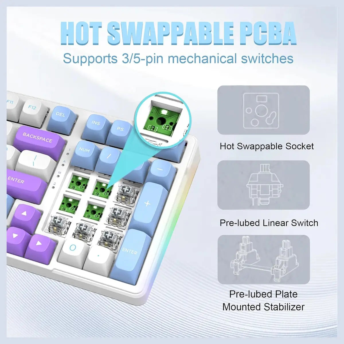 E-YOOSO Z-99 Wireless Bluetooth Mechanical Keyboard, 99 Keys, Tri-Mode Bluetooth 5.0 2.4GHz And USB Wired, Hot-Swappable, Gasket Structure With Sound Dampening Foam, RGB Backlit