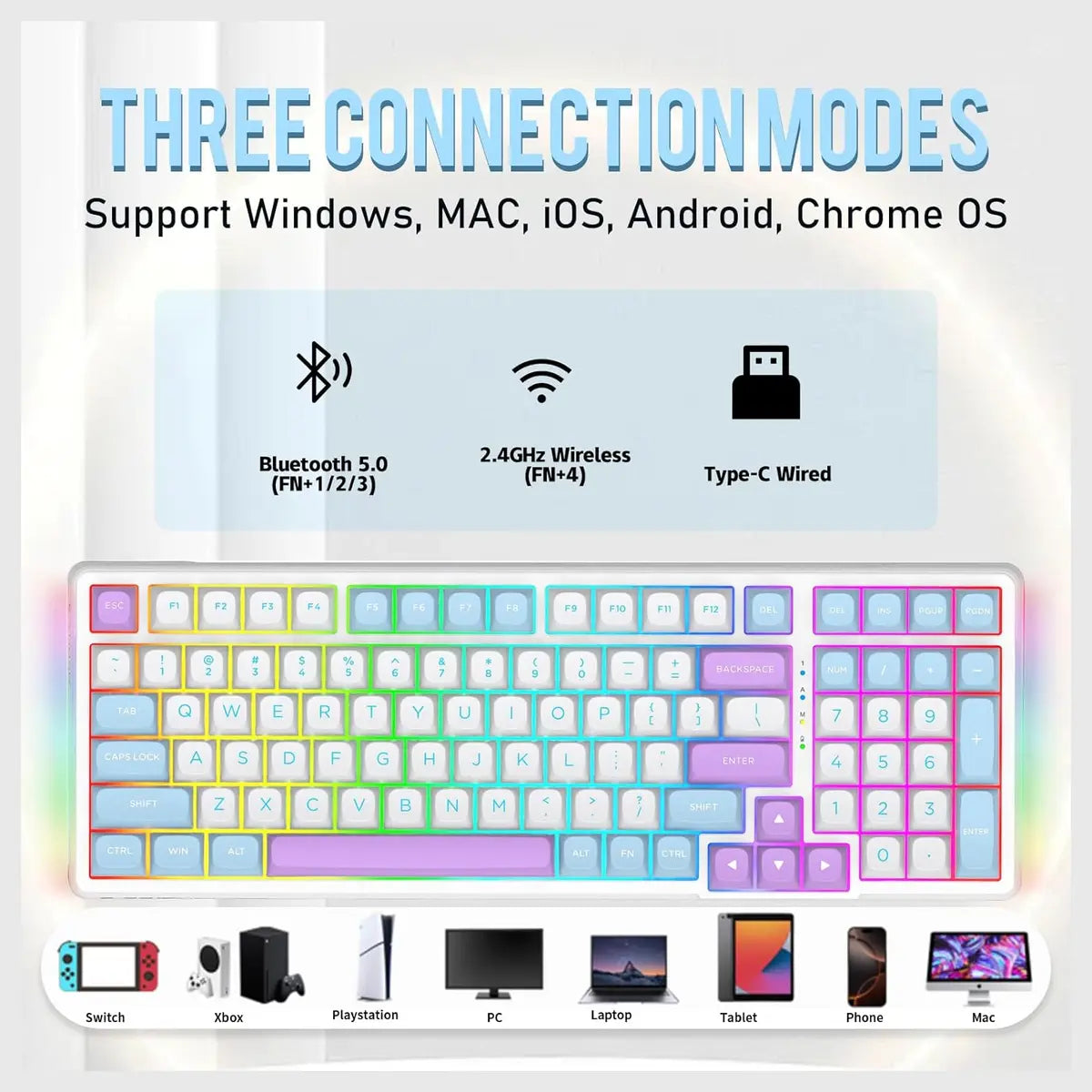 E-YOOSO Z-99 Wireless Bluetooth Mechanical Keyboard, 99 Keys, Tri-Mode Bluetooth 5.0 2.4GHz And USB Wired, Hot-Swappable, Gasket Structure With Sound Dampening Foam, RGB Backlit