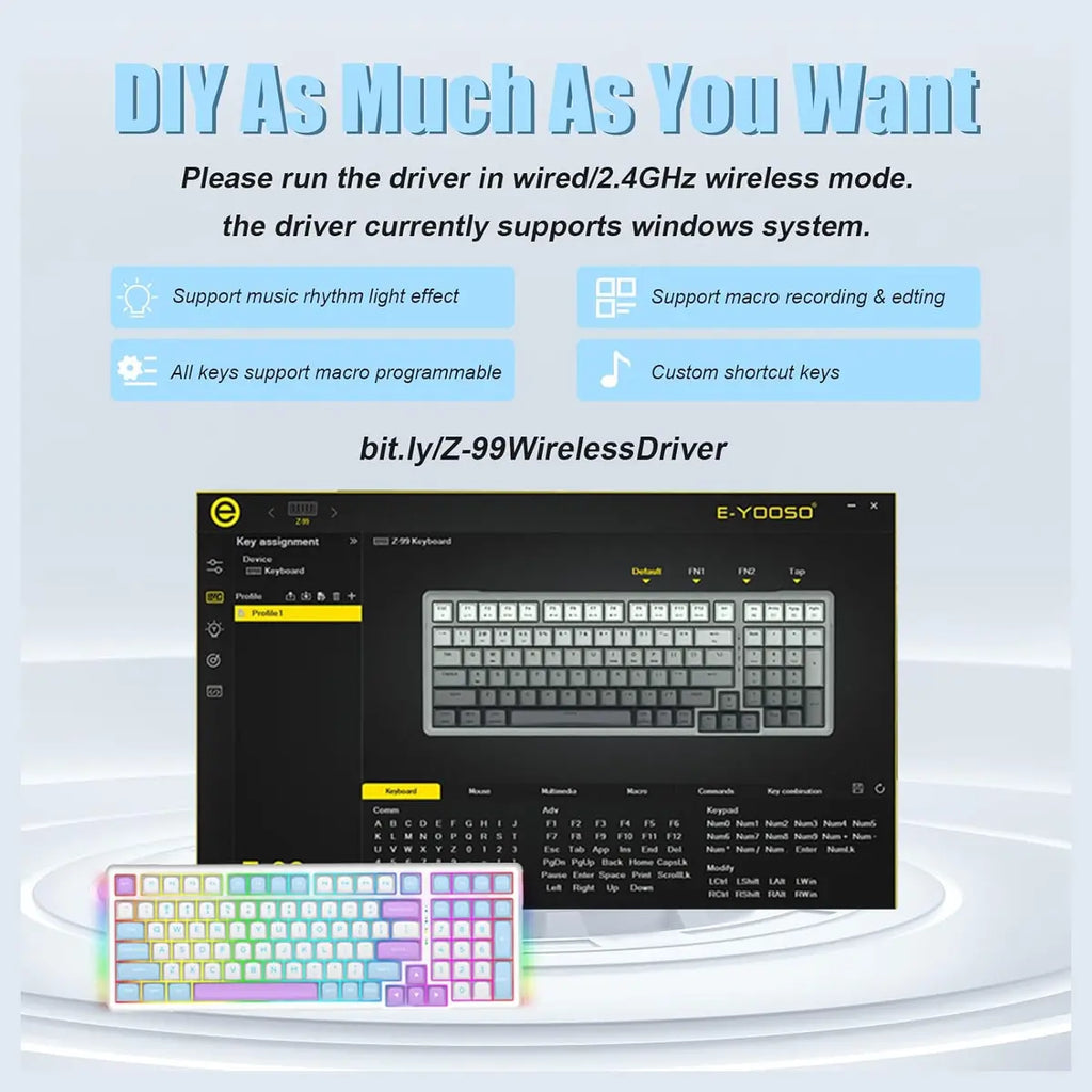E-YOOSO Z-99 Wireless Bluetooth Mechanical Keyboard, 99 Keys, Tri-Mode Bluetooth 5.0 2.4GHz And USB Wired, Hot-Swappable, Gasket Structure With Sound Dampening Foam, RGB Backlit
