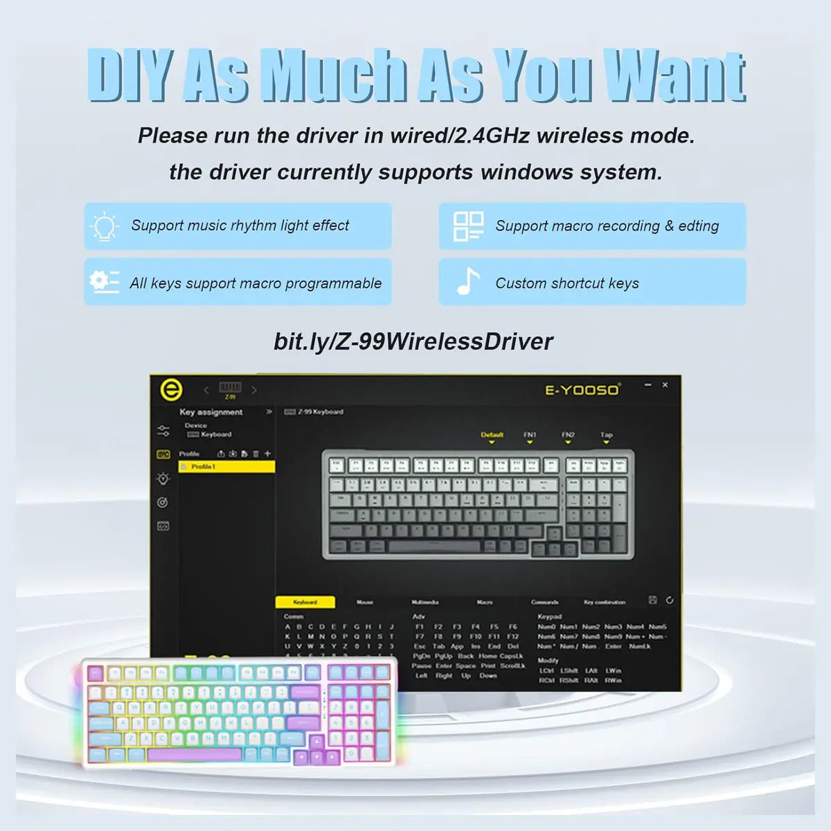 E-YOOSO Z-99 Wireless Bluetooth Mechanical Keyboard, 99 Keys, Tri-Mode Bluetooth 5.0 2.4GHz And USB Wired, Hot-Swappable, Gasket Structure With Sound Dampening Foam, RGB Backlit