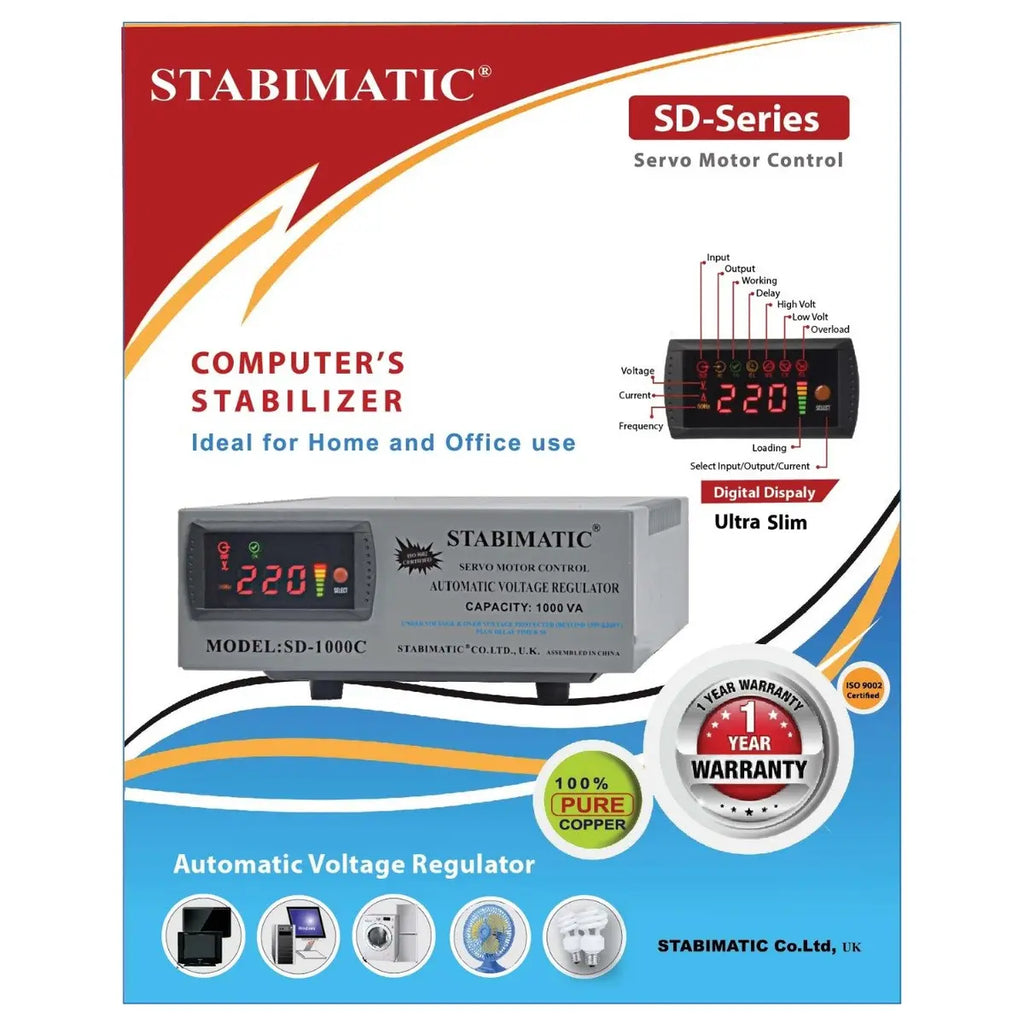 Stabimatic Servo Stabilizer SD-500C, 500VA, 130V-250V Input, 110V-220V Output, 0.5 Sec Response Time, Plus or Minus 0 to 1% Output Stability