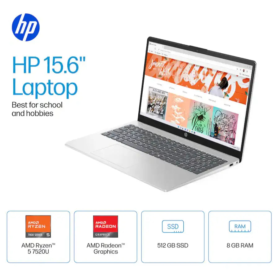 HP 15-FC0146DX Touchscreen Laptop, AMD Ryzen 5 7520U, AMD Radeon Graphics, 8GB LPDDR5 RAM, 512GB SSD, 15.6" FHD IPS Touch, Windows 11 Home, Natural Silver