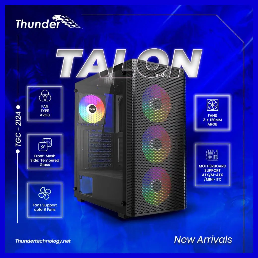 Thunder Talon TGC-2124 ATX PC Case, Mesh Front Panel, 3x ARGB Fans, 360mm Front Radiator Support