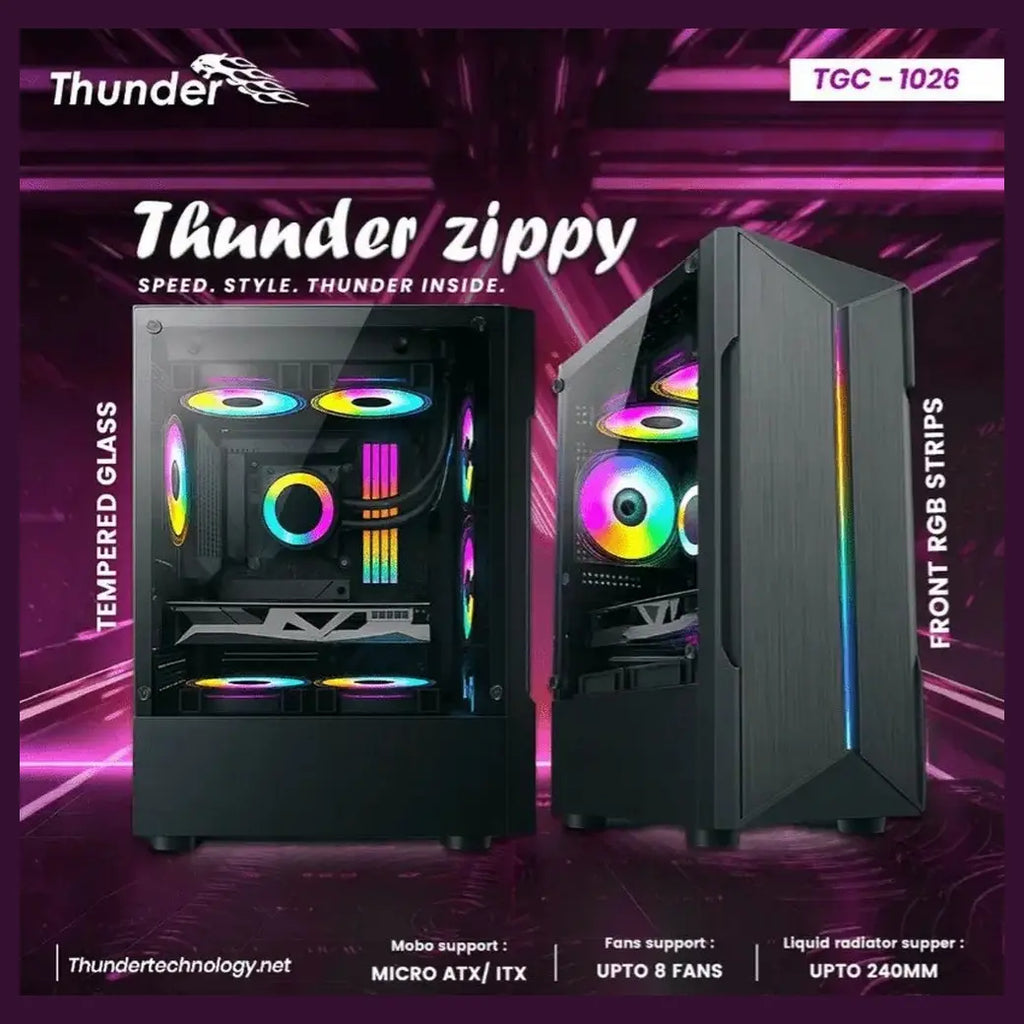 Thunder Zippy PC Case, M-ATX and ITX Support, 1x RGB Fan, Front ARGB Strip, 240mm Radiator Support, Tempered Glass Side Panel, Black, TGC-1026