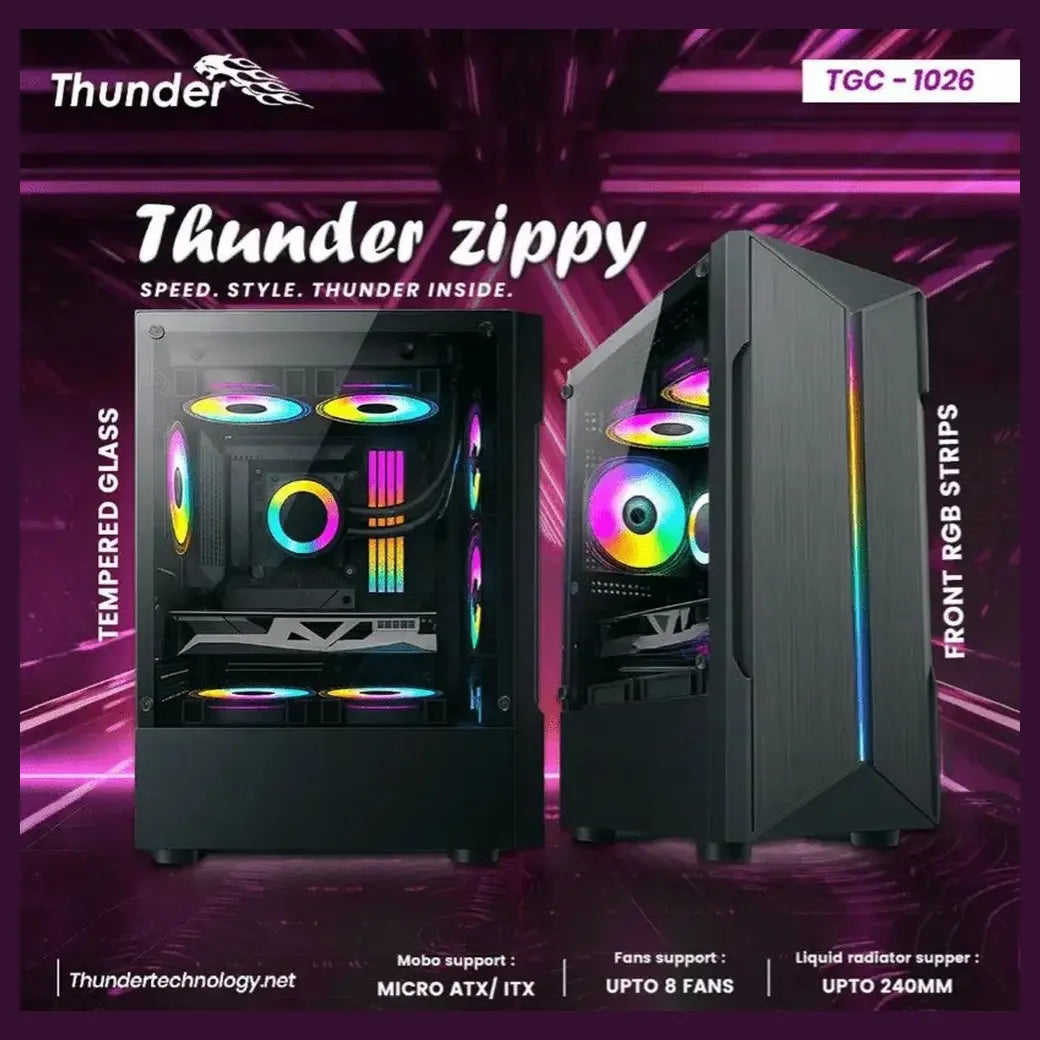 Thunder Zippy PC Case, M-ATX and ITX Support, 1x RGB Fan, Front ARGB Strip, 240mm Radiator Support, Tempered Glass Side Panel, Black, TGC-1026