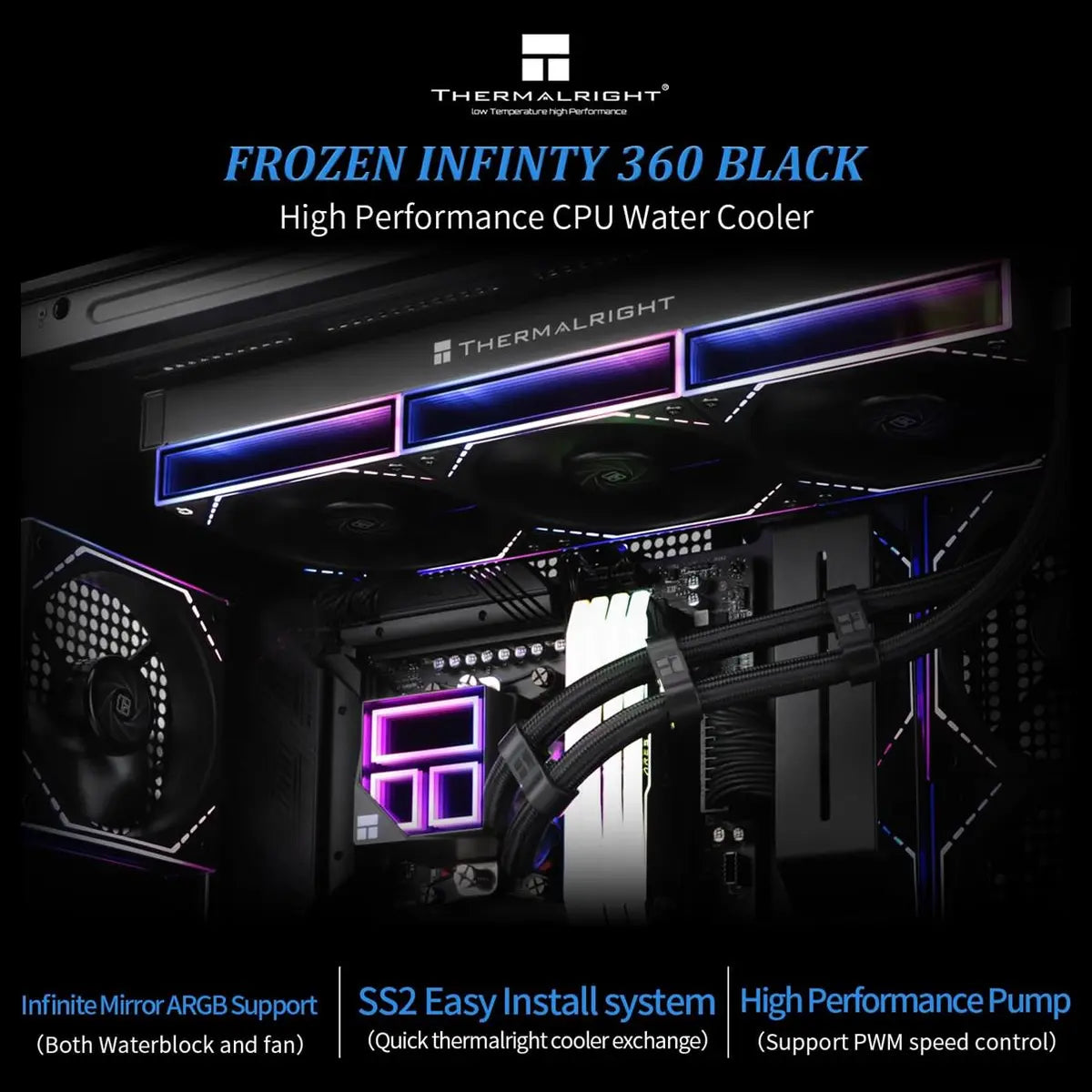 Thermalright Frozen Infinity 360 PC Liquid CPU Water Cooler, Triple PWM Fans 2000RPM, Desktop CPU AIO Cooler for AM4 and AM5 and Intel LGA1150/1151/1200/2011/1700/1851, Infinity Mirror, Black