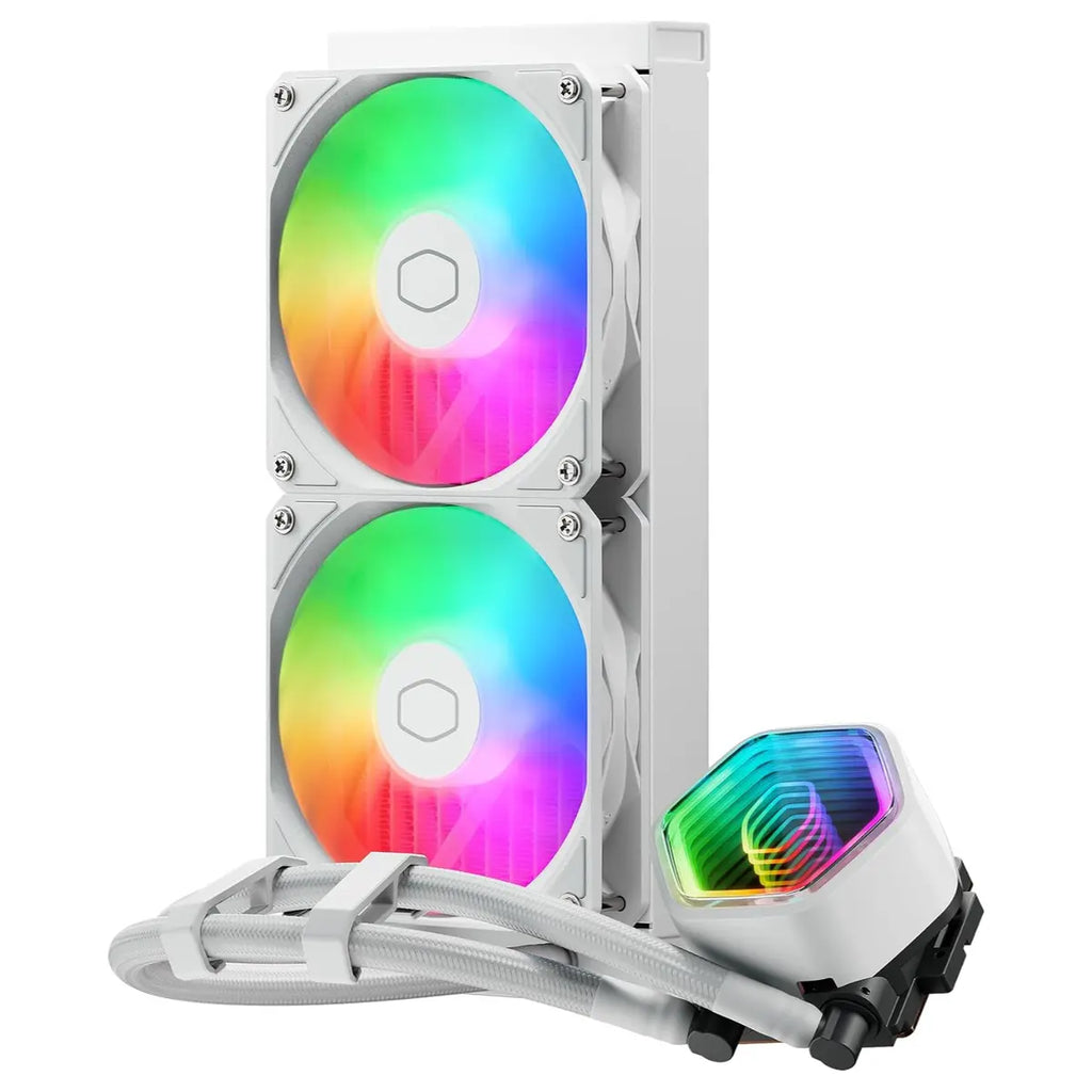 Cooler Master 240 Core II AIO CPU Liquid Cooler, Dual Chamber G9R Pump, Infinity Mirror ARGB, 240mm Radiator, 120mm PWM Fan, 400mm Tubing, White, MLW-D24M-A18PA-RW