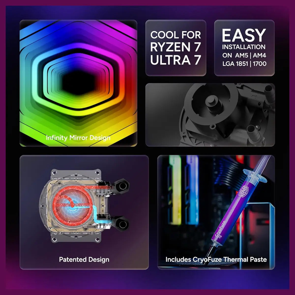 Cooler Master Core II 240 Liquid CPU AIO Cooler, 240mm Radiator, Dual ARGB PWM Fans 650 To 1,750, Infinity Mirror Dual-Chamber Pump, AMD AM5 and AM4 and Intel LGA 1851 and 1700, Black, MLW-D24M-A18PA-R1