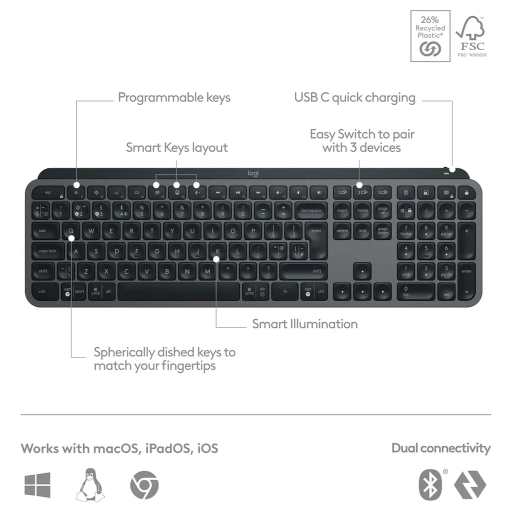 Logitech MX Keys S Wireless Keyboard, Low Profile, Quiet Typing, Programmable Keys, Backlighting, Bluetooth, USB-C Rechargeable, Graphite, 920-011563