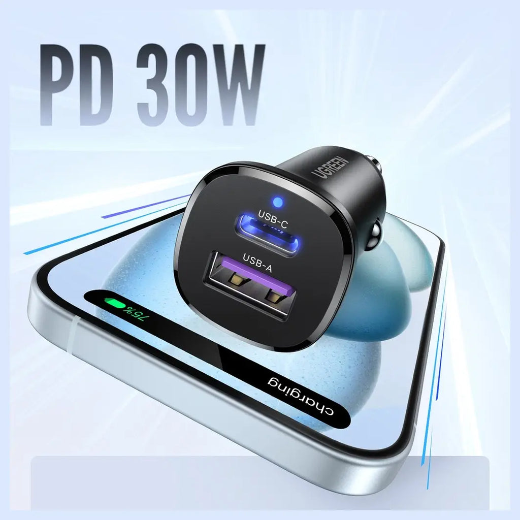 Ugreen EC305 25845 2-Port Fast Car Charger, USB-C PD 30W Max and USB-A QC 22.5W Max, 30W, Black