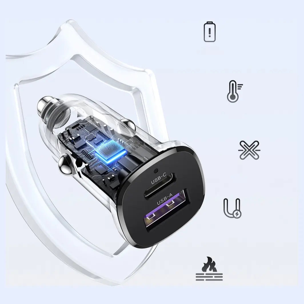 Ugreen EC305 25845 2-Port Fast Car Charger, USB-C PD 30W Max and USB-A QC 22.5W Max, 30W, Black