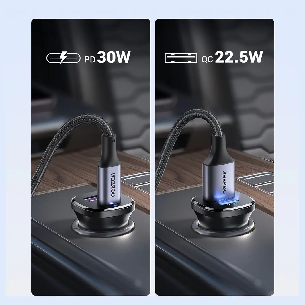 Ugreen EC305 25845 2-Port Fast Car Charger, USB-C PD 30W Max and USB-A QC 22.5W Max, 30W, Black