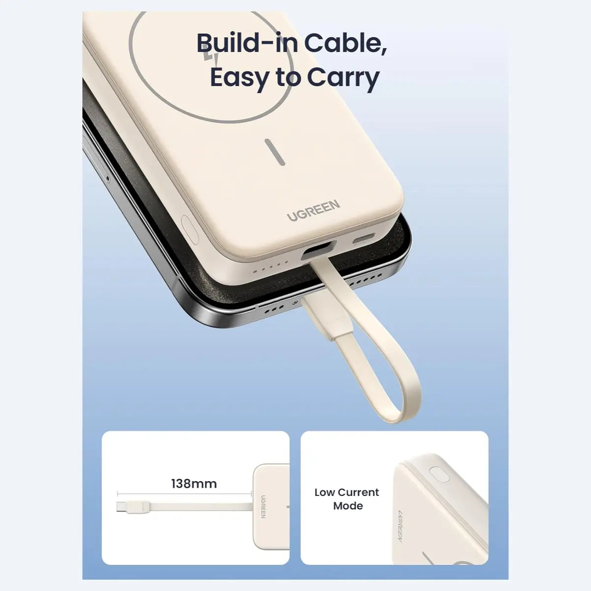 UGREEN Nexode 35341 MagSafe Power Bank, 10000mAh, 15W Magnetic Wireless, 20W USB-C PD Built-in Cable, USB-A Port, White, PB760