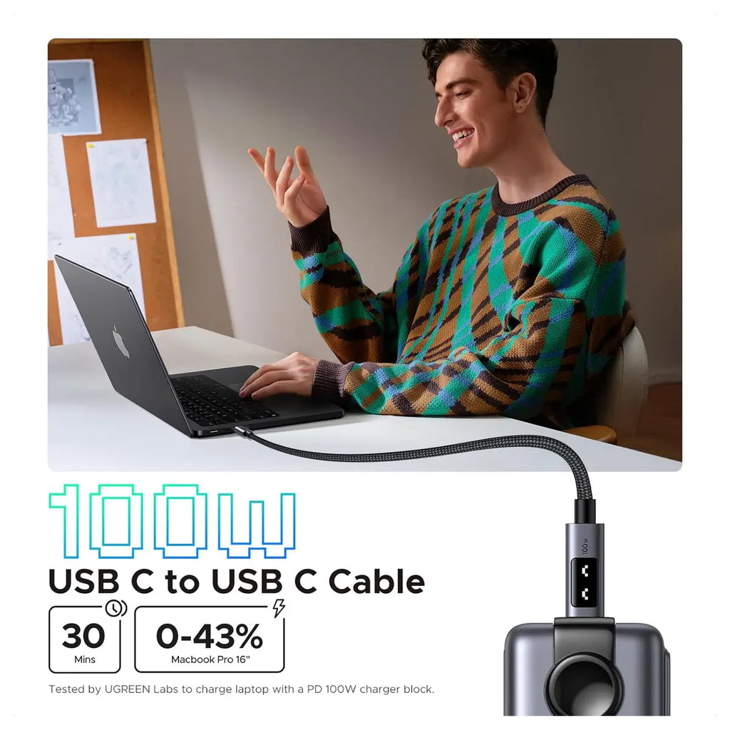 UGREEN Uno 100W USB C to USB C Fast Charging Cable, 100W 20V 5A, 3 Meter, 480Mbps, E-Marker Chip, Aluminum Alloy Shell, Double-Layer Nylon Braided, Model 35513