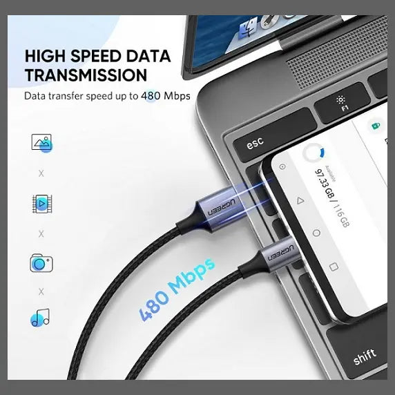 UGREEN 60126 USB-A To USB-C Fast Charging Cable, 3A, 480 Megabytes Per Second, 1 Meter, Aluminum Braid