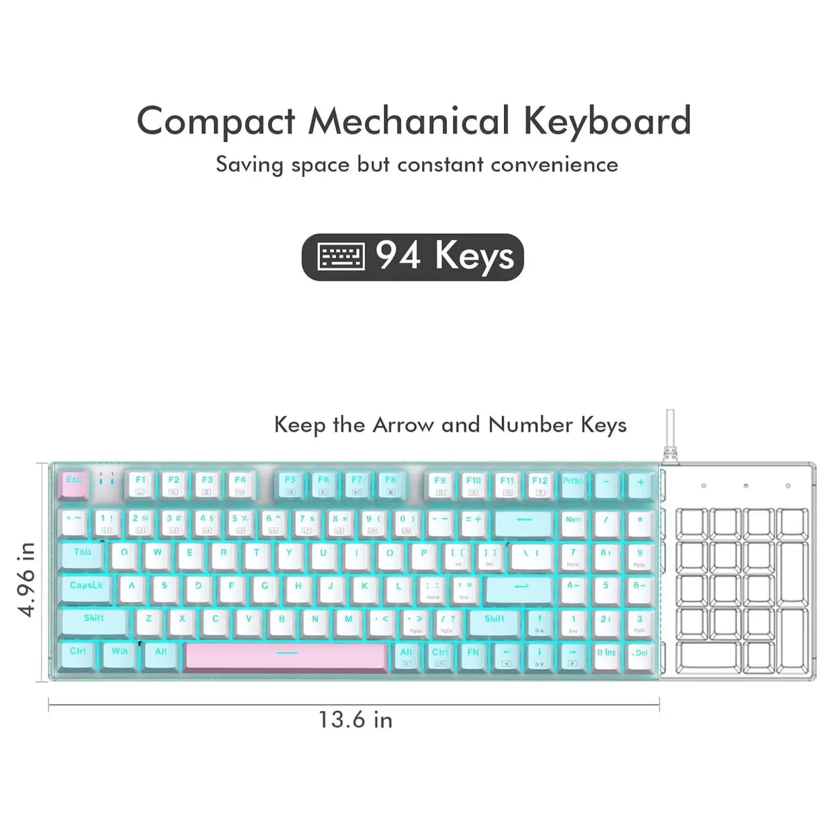 E-YOOSO Z-19 Mechanical Keyboard, Wired 94 Keys 85% Compact With Numpad, Blue Switch, Hot Swappable 3-Pin PCB Support, Blue Backlit 17 Modes Plus 2 Custom, PBT Keycaps