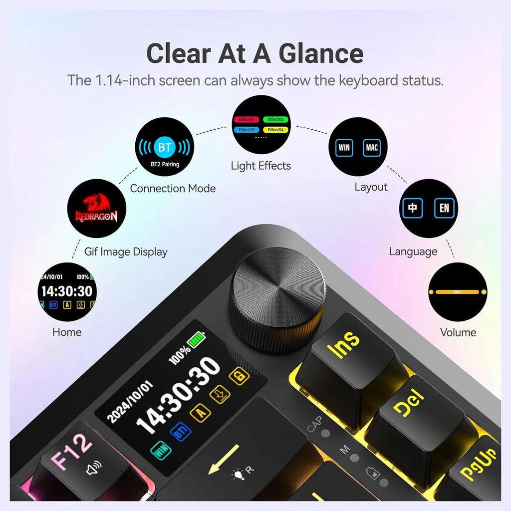 Redragon FLEKACT K708 Wireless Mechanical Keyboard, 1.14" LCD Screen, Volume Knob, Pre-Lubed Leopard L Linear Switches, Tri-Mode Bluetooth 2.4G USB-C, Hot Swappable, RGB, 4000mAh Battery