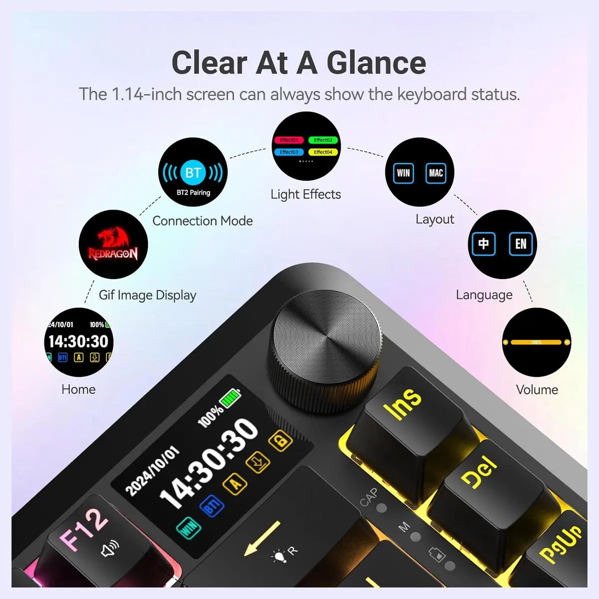 Redragon FLEKACT K708 Wireless Mechanical Keyboard, 1.14" LCD Screen, Volume Knob, Pre-Lubed Leopard L Linear Switches, Tri-Mode Bluetooth 2.4G USB-C, Hot Swappable, RGB, 4000mAh Battery