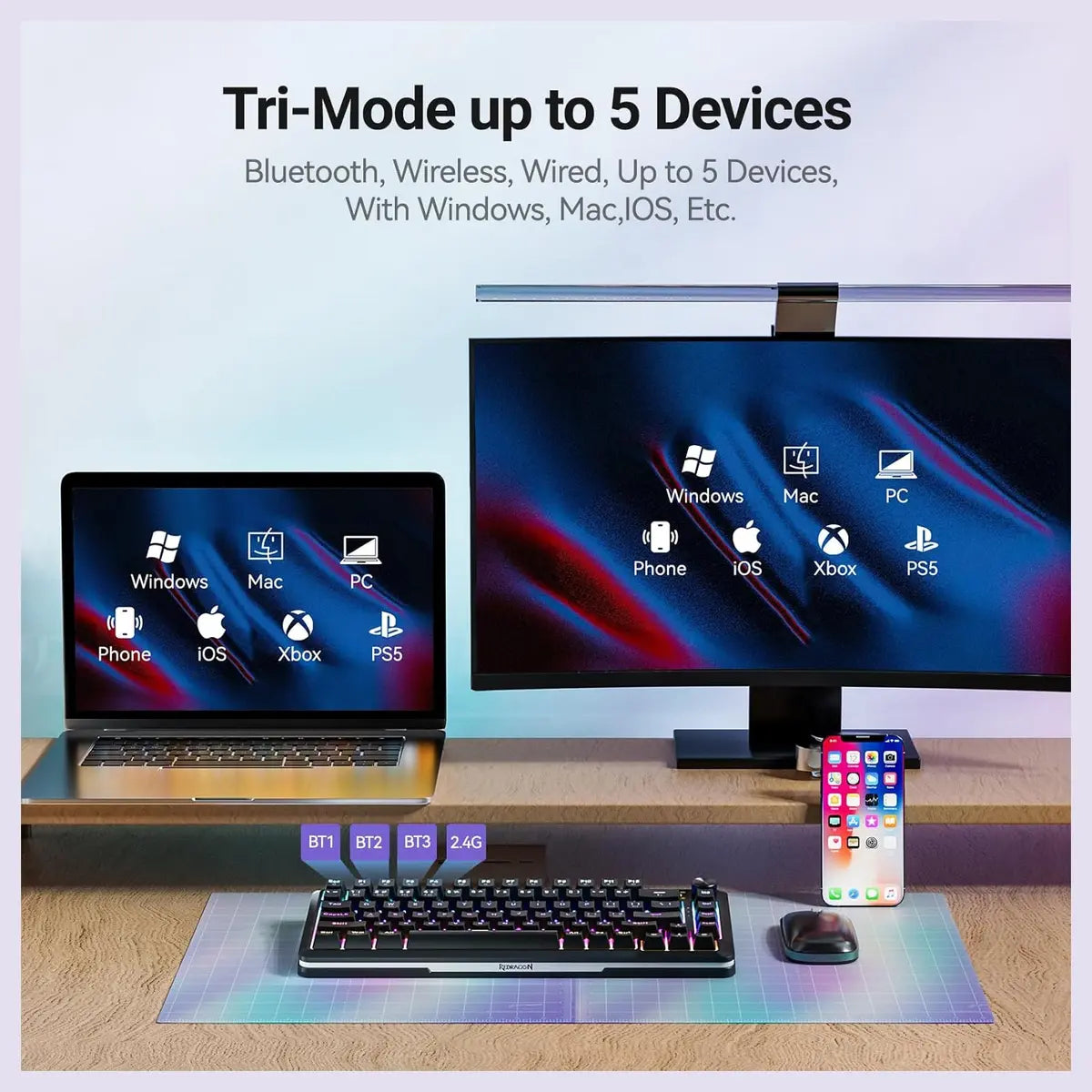 Redragon FLEKACT K708 Wireless Mechanical Keyboard, 1.14" LCD Screen, Volume Knob, Pre-Lubed Leopard L Linear Switches, Tri-Mode Bluetooth 2.4G USB-C, Hot Swappable, RGB, 4000mAh Battery