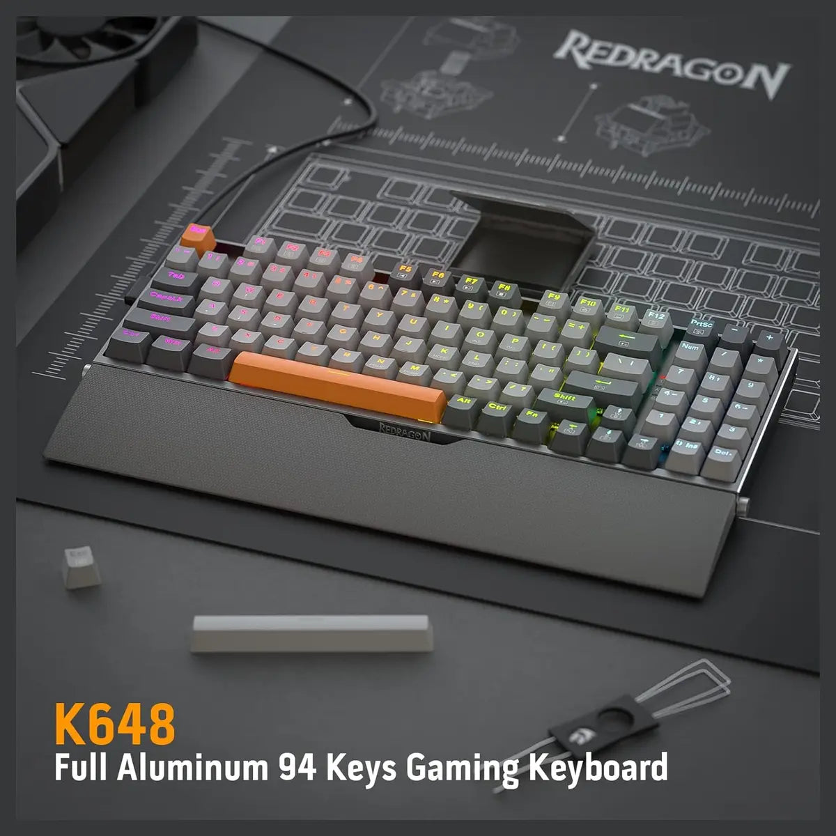 Redragon OLAF K648 Wired RGB Gaming Keyboard, 94-Key Mechanical Keyboard, Hot Swappable, Solid Aluminum Plate, Noise Absorbing EVA Foams, Detachable Wrist Rest