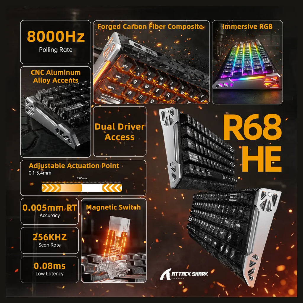 ATTACK SHARK R68 HE Carbon Fiber Rapid Trigger Keyboard, 60% Wired 8000Hz, Magnetic Switch, 0.005mm RT Accuracy, Full RGB Backlighting, Ink Shade