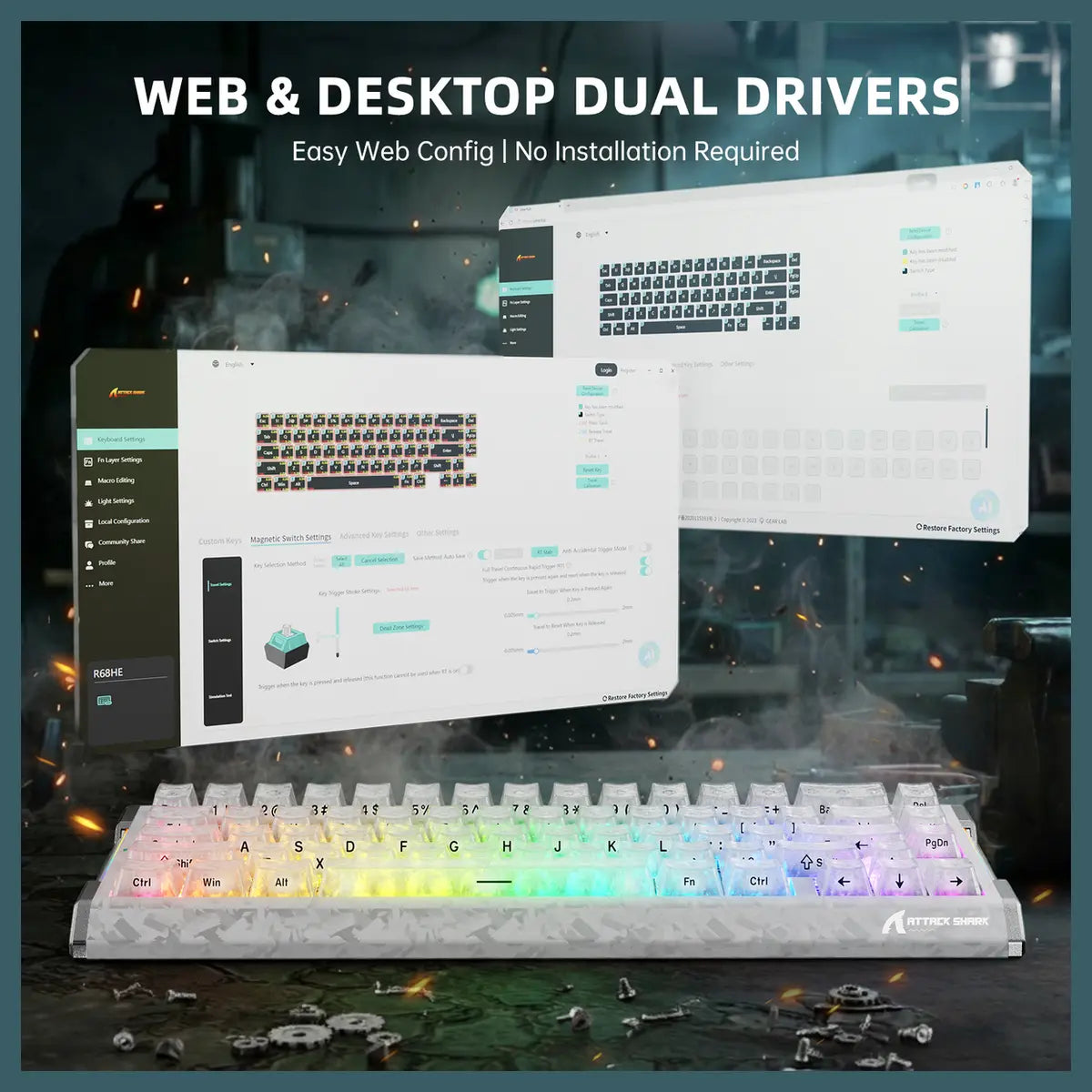 ATTACK SHARK R68 HE Carbon Fiber Rapid Trigger Keyboard, 60% Wired 8000Hz, Magnetic Switches, 0.005mm RT Accuracy, Full RGB Backlighting, Ice Ninja