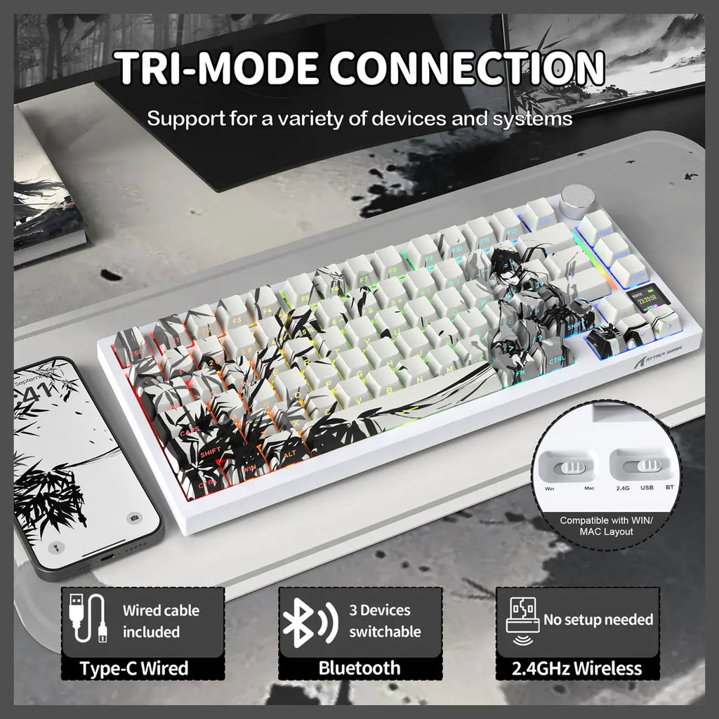 ATTACK SHARK X820Ultra Tri-mode Gasket Mechanical Keyboard, 75% ANSI Layout, Bluetooth 5.1 and 2.4G Wireless and Type-C Wired, TFT Smart Display and Knob, Hot-Swappable, QMK, RGB, Dark Warrior