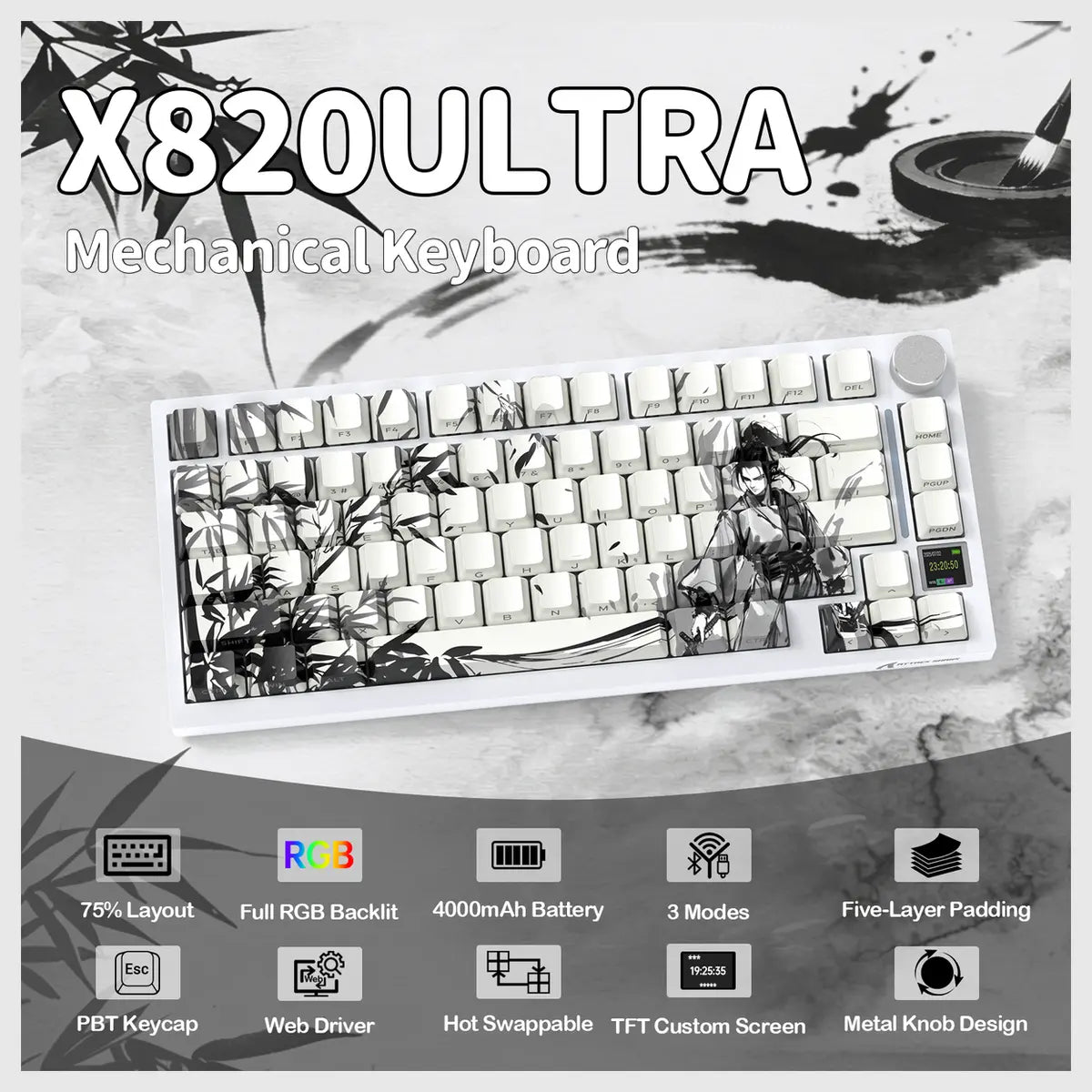 ATTACK SHARK X820Ultra Tri-mode Gasket Mechanical Keyboard, 75% ANSI Layout, Bluetooth 5.1 and 2.4G Wireless and Type-C Wired, TFT Smart Display and Knob, Hot-Swappable, QMK, RGB, Dark Warrior