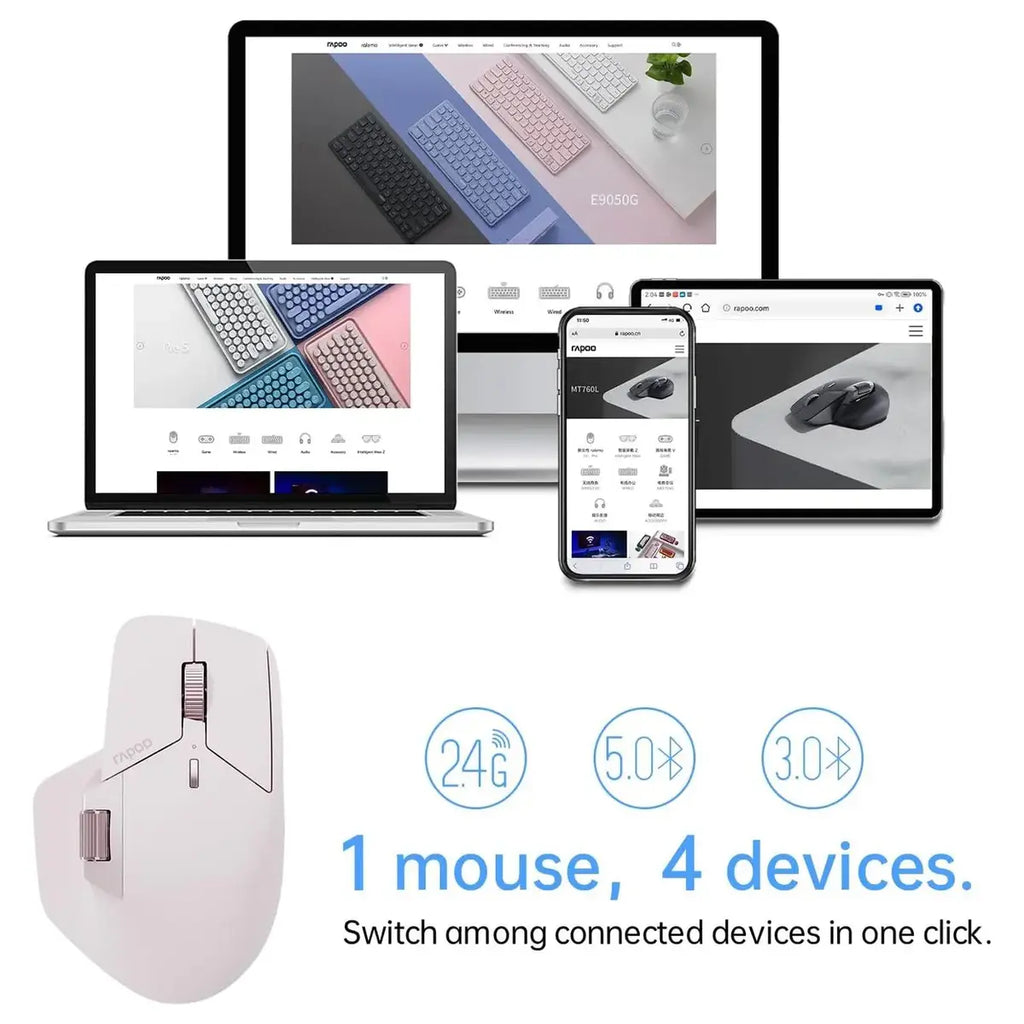 Rapoo MT760L Multi-Device Wireless Mouse, Bluetooth 5.0 and 2.4GHz Tri-Mode, Up to 4 Devices, 11 Programmable Buttons, 4000 DPI Sensor, 90 Days Battery Life, Pink