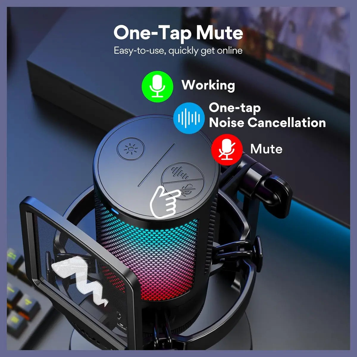 MAONO DGM20 USB Gaming Microphone for PC, Noise Cancellation Condenser Mic, RGB Lights, One-Click Mute With LED Indicator, Gain Control and Headphone Monitoring, Plug and Play, 5FT 2 in 1 USB Cable