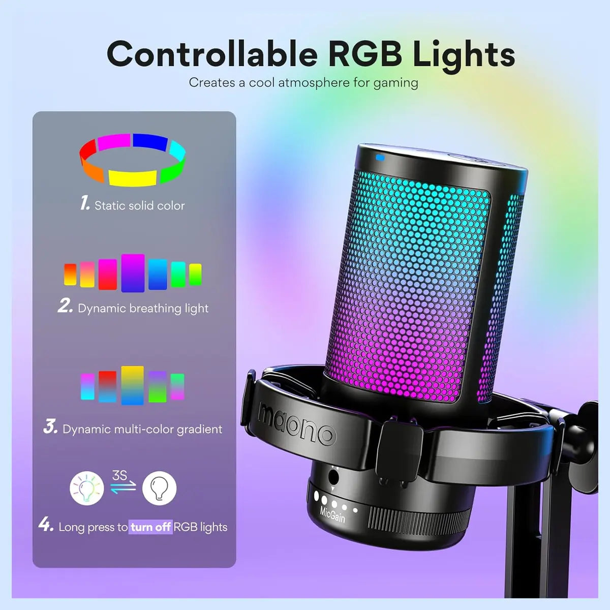MAONO DGM20 USB Gaming Microphone for PC, Noise Cancellation Condenser Mic, RGB Lights, One-Click Mute With LED Indicator, Gain Control and Headphone Monitoring, Plug and Play, 5FT 2 in 1 USB Cable