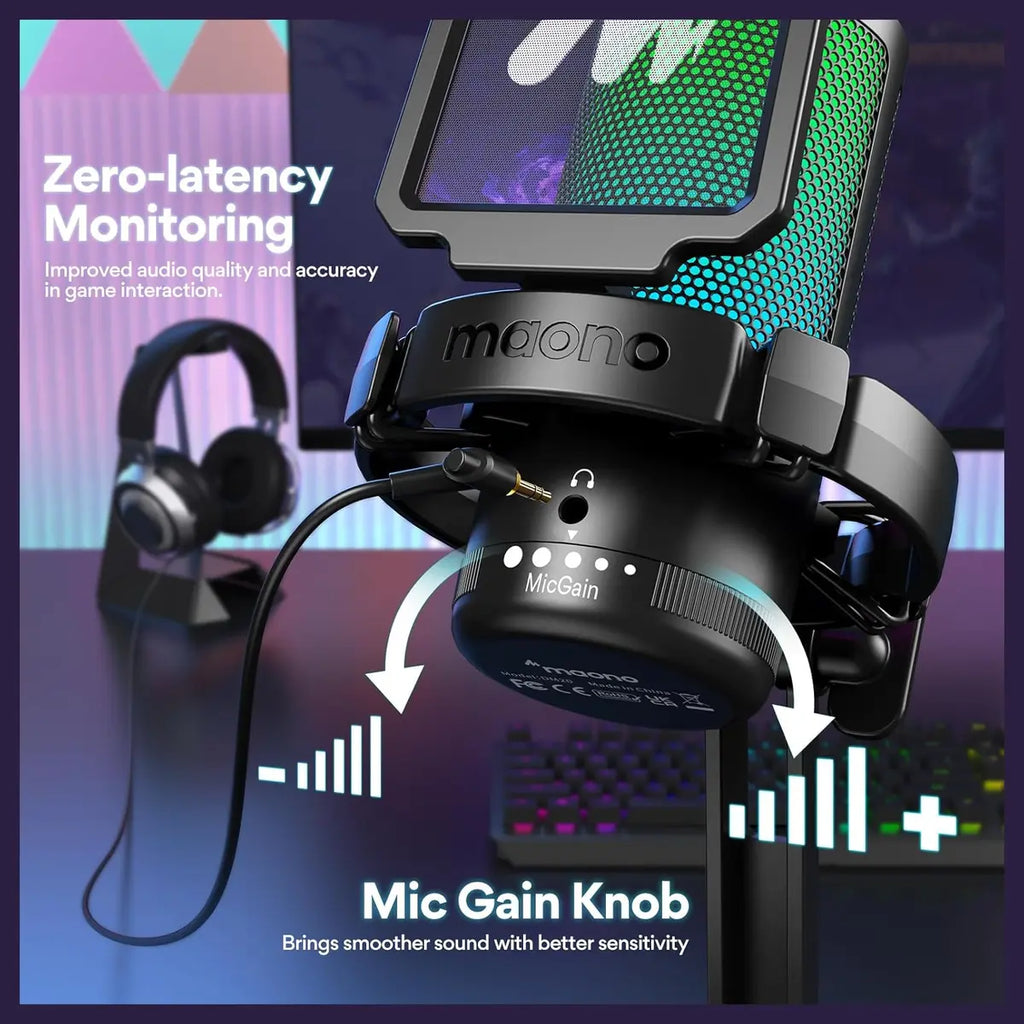MAONO DGM20 USB Gaming Microphone for PC, Noise Cancellation Condenser Mic, RGB Lights, One-Click Mute With LED Indicator, Gain Control and Headphone Monitoring, Plug and Play, 5FT 2 in 1 USB Cable