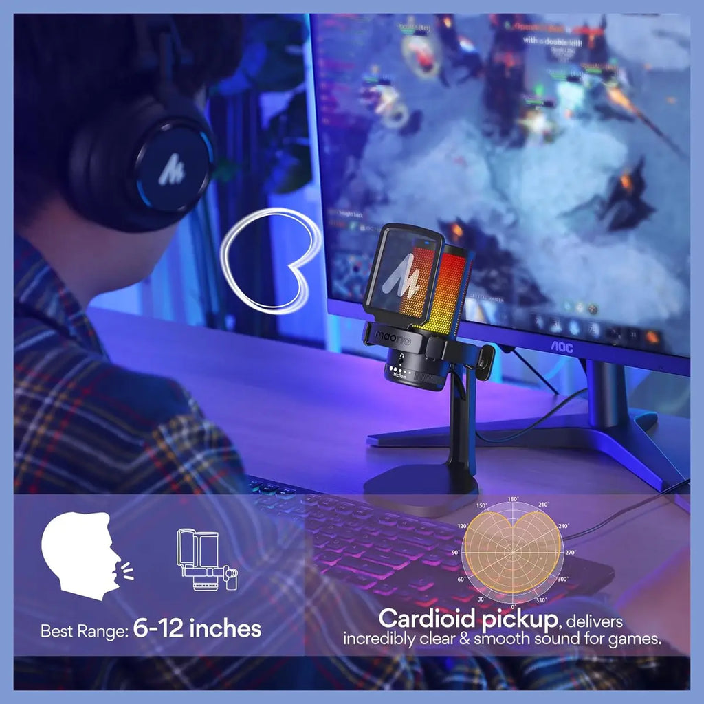 MAONO DGM20 USB Gaming Microphone for PC, Noise Cancellation Condenser Mic, RGB Lights, One-Click Mute With LED Indicator, Gain Control and Headphone Monitoring, Plug and Play, 5FT 2 in 1 USB Cable