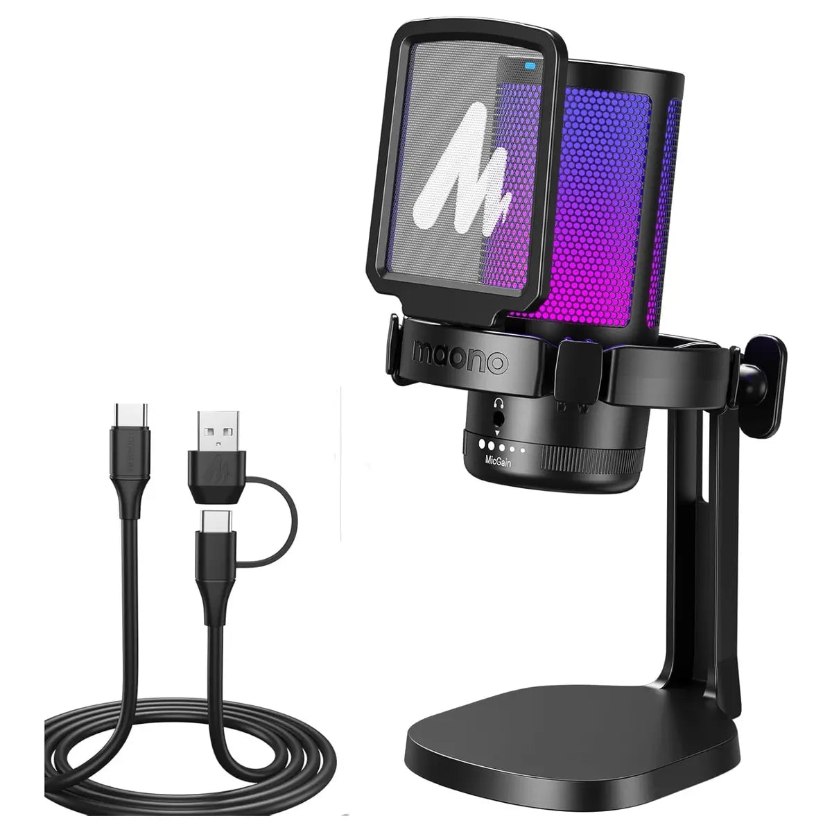 MAONO DGM20 USB Gaming Microphone for PC, Noise Cancellation Condenser Mic, RGB Lights, One-Click Mute With LED Indicator, Gain Control and Headphone Monitoring, Plug and Play, 5FT 2 in 1 USB Cable