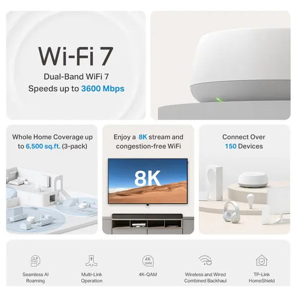 TP-Link Deco BE22 BE3600 Whole Home Mesh WiFi 7 System, 3.6Gbps Dual-Band WiFi, 2x 1.0Gbps Ports, Multi-Link Operation, 3 Pack